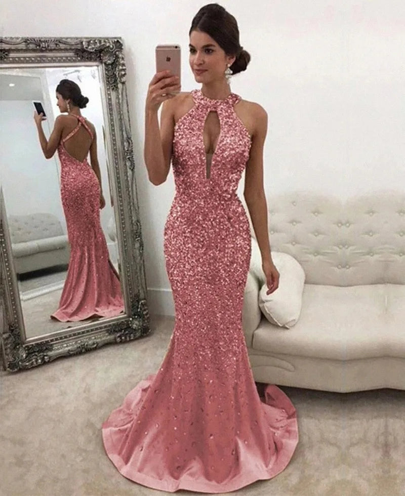 New Arrival Hot Sale Woman Dress Autumn Summer Women's Fashion Sequin Open Back Evening Party Wedding Dress